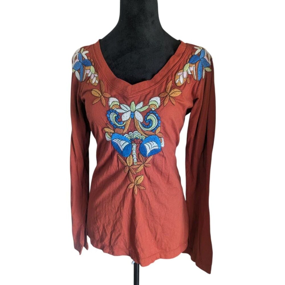 Johnny Was Embroidered Floral "Love Life" Boho Top V-Neck Rust Large - Picture 2 of 8